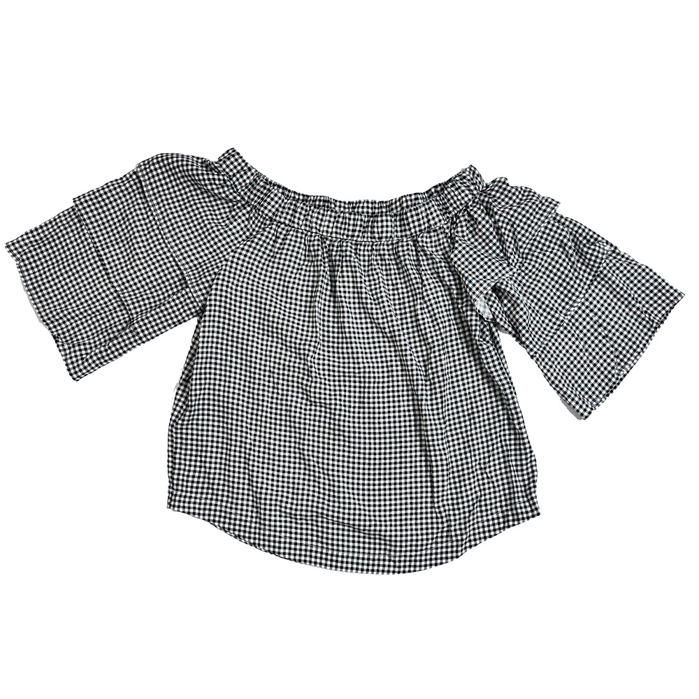 Marled by Reunited Womens Black & White Check Gingham 3/4 Sleeve Blouse Sz M